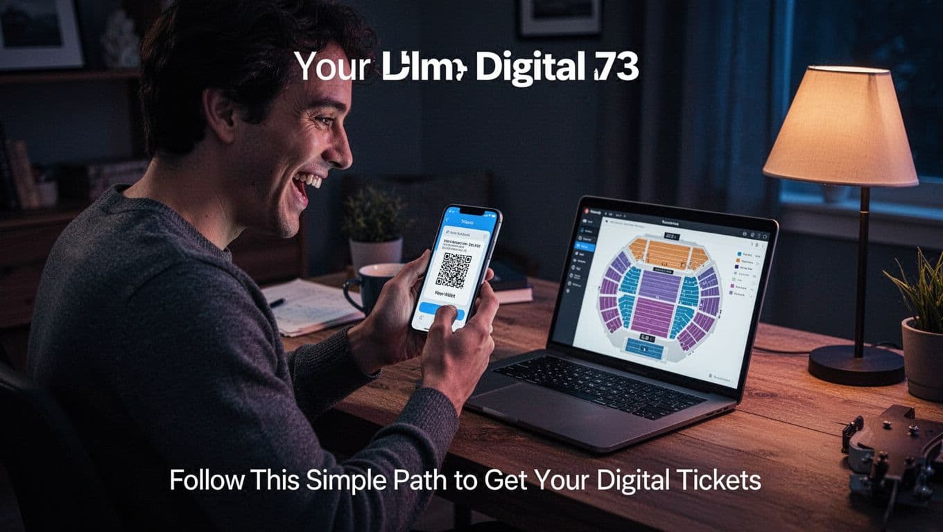 A person sits at a wooden desk in a cozy home office, holding a smartphone to add a concert ticket QR code to the Apple Wallet app, with an open laptop displaying a seat map nearby, under warm lamp light.