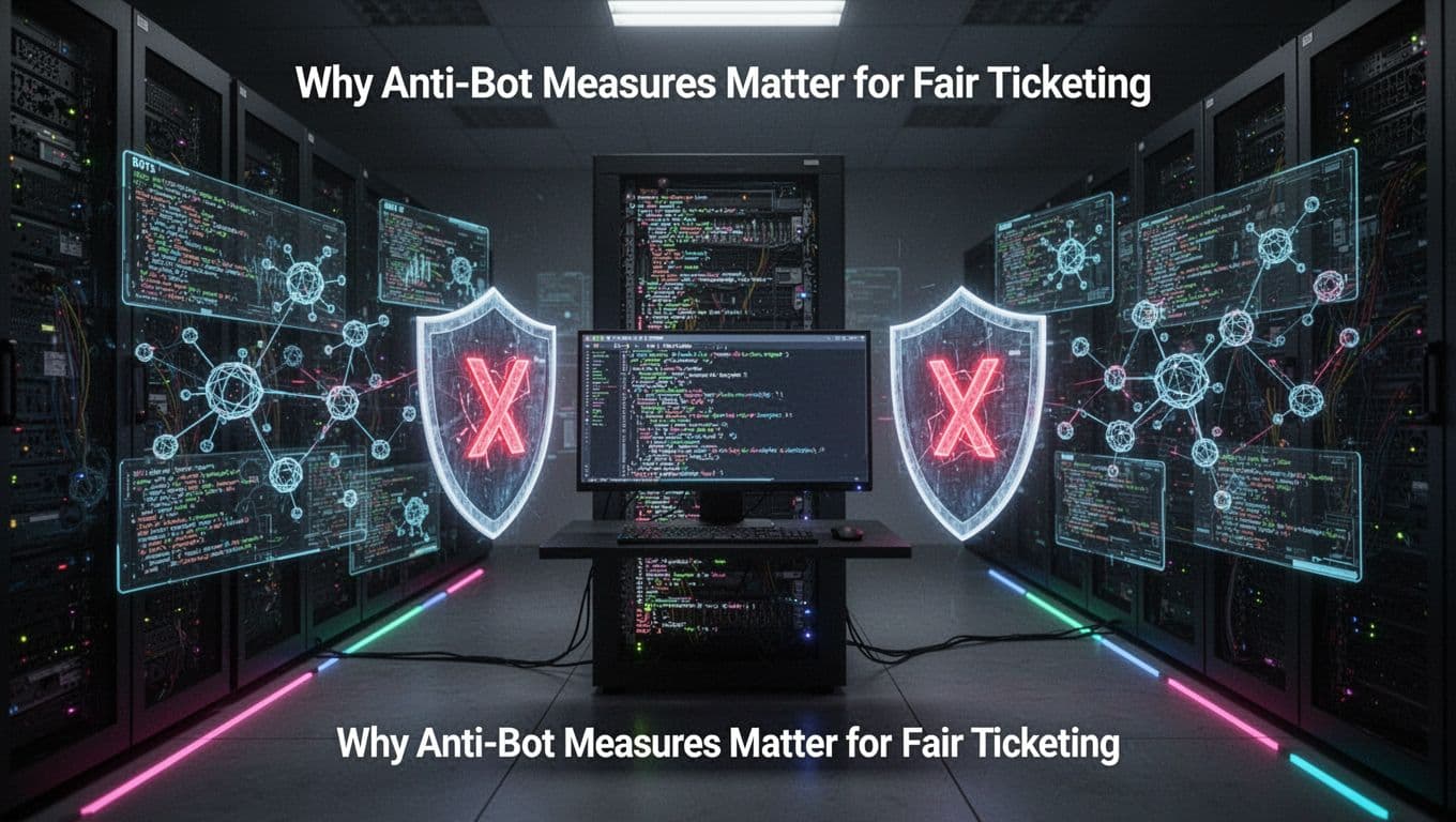 Clean server room featuring holographic screens displaying bot traffic halted by protective shields, with a central computer analyzing code streams against a dark neon-highlighted background in cinematic style.