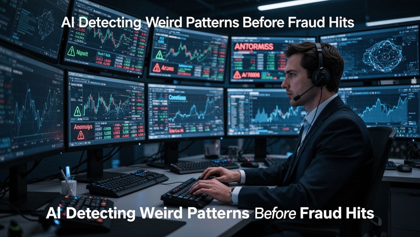 AI neural network scans ticket sales data streams for fraud patterns like bulk buys and odd logins in a high-tech control room with glowing screens, anomaly alerts, and one operator at the console.