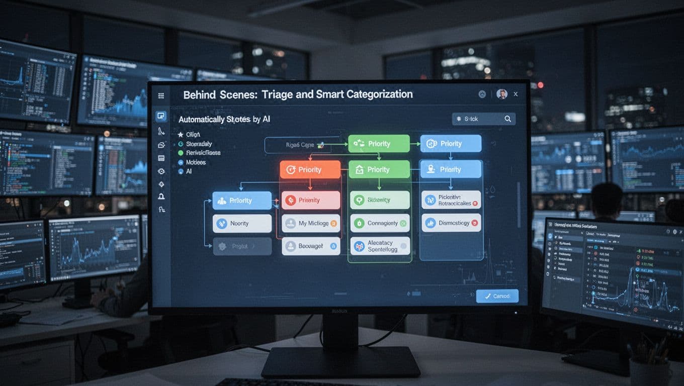 Modern control room at night featuring a service desk triage dashboard where AI automatically sorts incoming tickets into priority categories. Close-up cinematic view with blue glowing screens, dramatic lighting, and a dark blue-gray palette, no people or text.