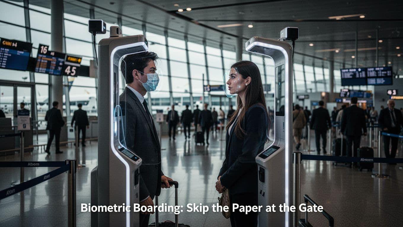 A single traveler faces a biometric facial recognition scanner kiosk at an airport boarding gate, set against a modern terminal with blurred distant people, evoking an efficient, cinematic atmosphere with strong contrast and dramatic lighting.