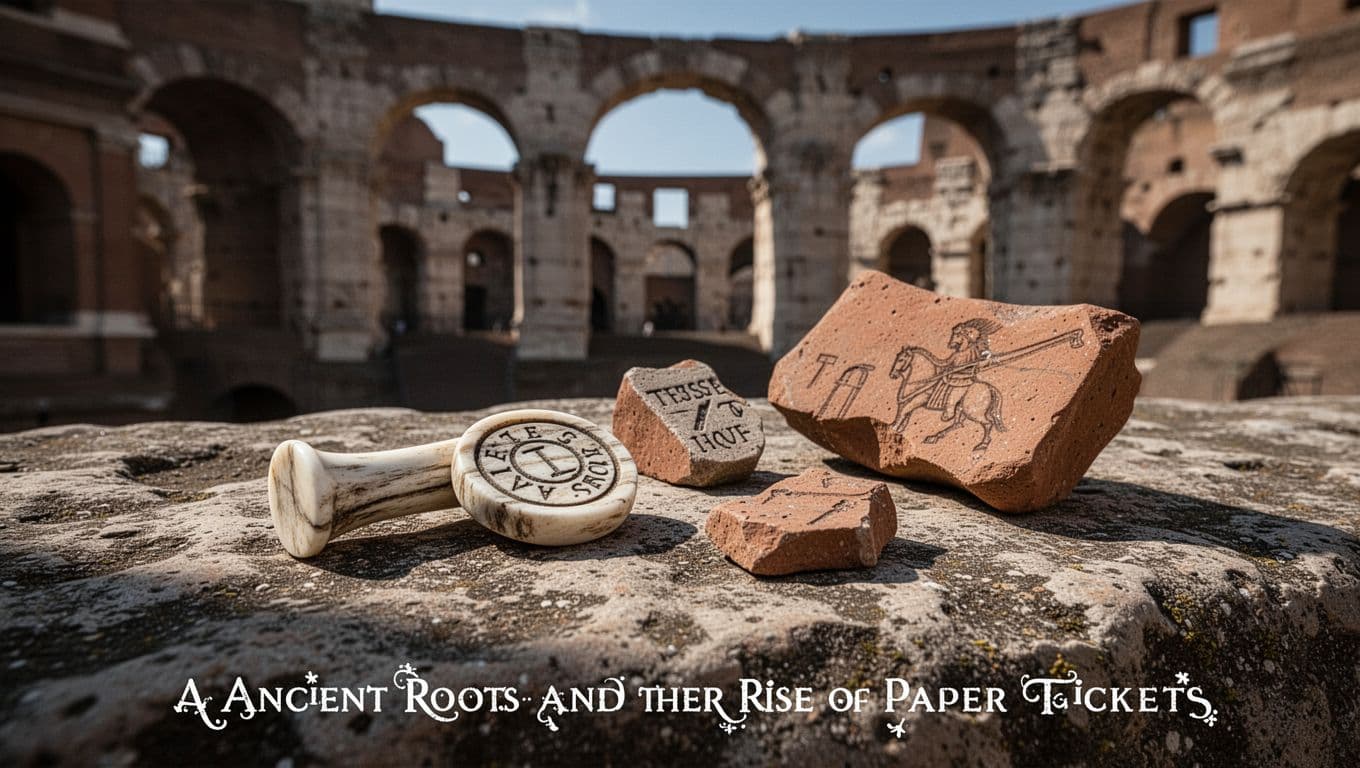 Close-up of ancient Roman tesserae bone tokens and pottery shard tickets on a weathered stone surface inside Colosseum arches, with dramatic shadows, depth, cinematic style, strong contrast, and lighting.