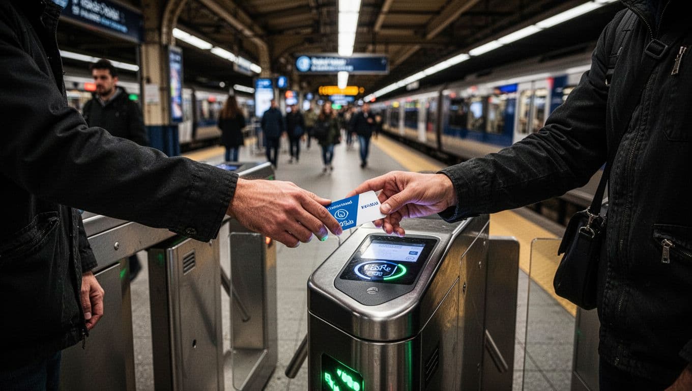 A commuter tapping a reloadable pass card on a transit turnstile gate for unlimited access, with a busy urban train station platform in the background.
