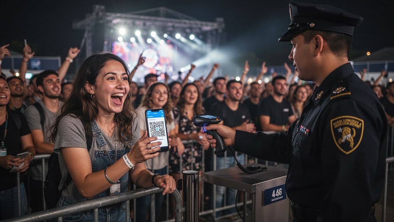 At a bustling concert entrance gate at night, one excited attendee holds a smartphone displaying a QR code toward a handheld scanner operated by a uniformed staff member, with a blurred crowd in the background capturing dynamic energy in cinematic style.
