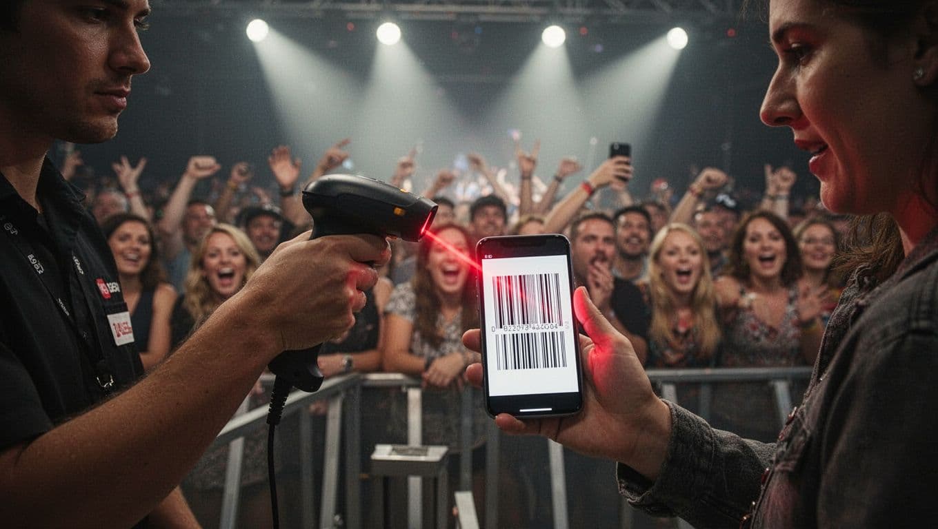Staff member at crowded concert entrance scans linear barcode on smartphone with handheld scanner's red laser. Excited blurred crowd in background, close-up cinematic style with dramatic lighting.