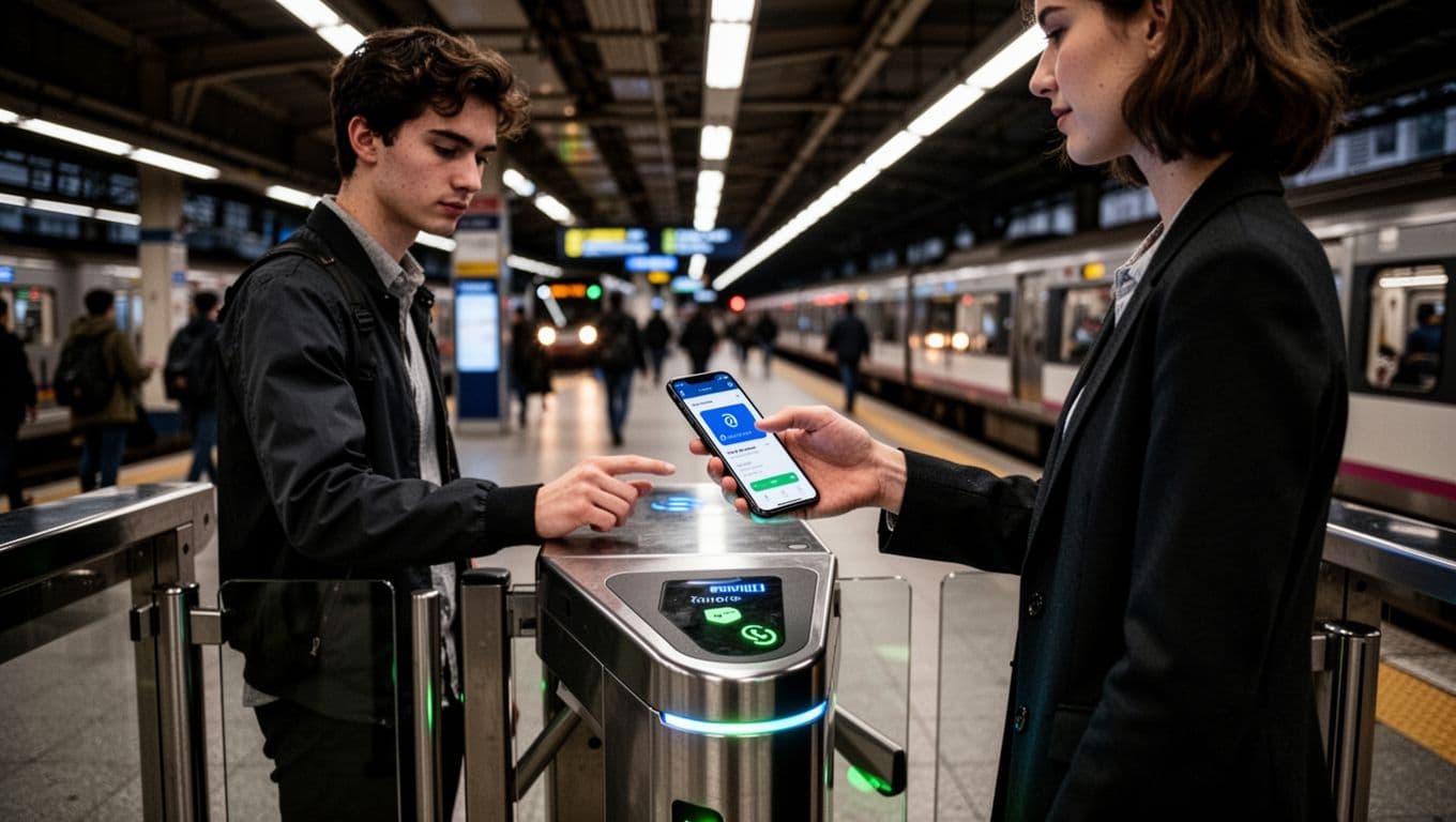 A young professional taps a smartphone for contactless ticket payment at an urban transit platform near a modern turnstile, with dramatic cinematic lighting and arriving trains in the bustling station background.