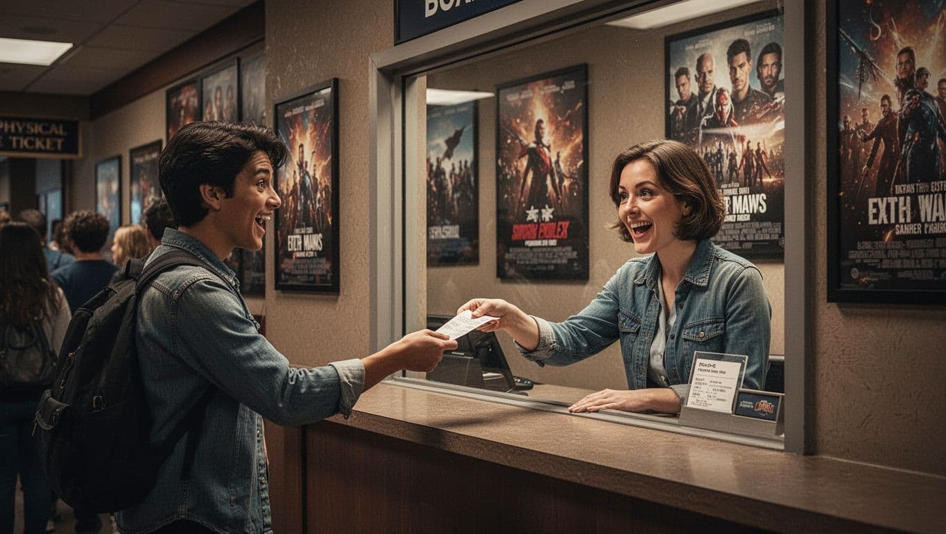 Excited customer hands receipt to helpful staff at crowded event venue box office counter during daytime, with event posters behind, in cinematic style featuring strong contrast, depth, dramatic lighting, muted warm tones, and desaturated earthy palette.