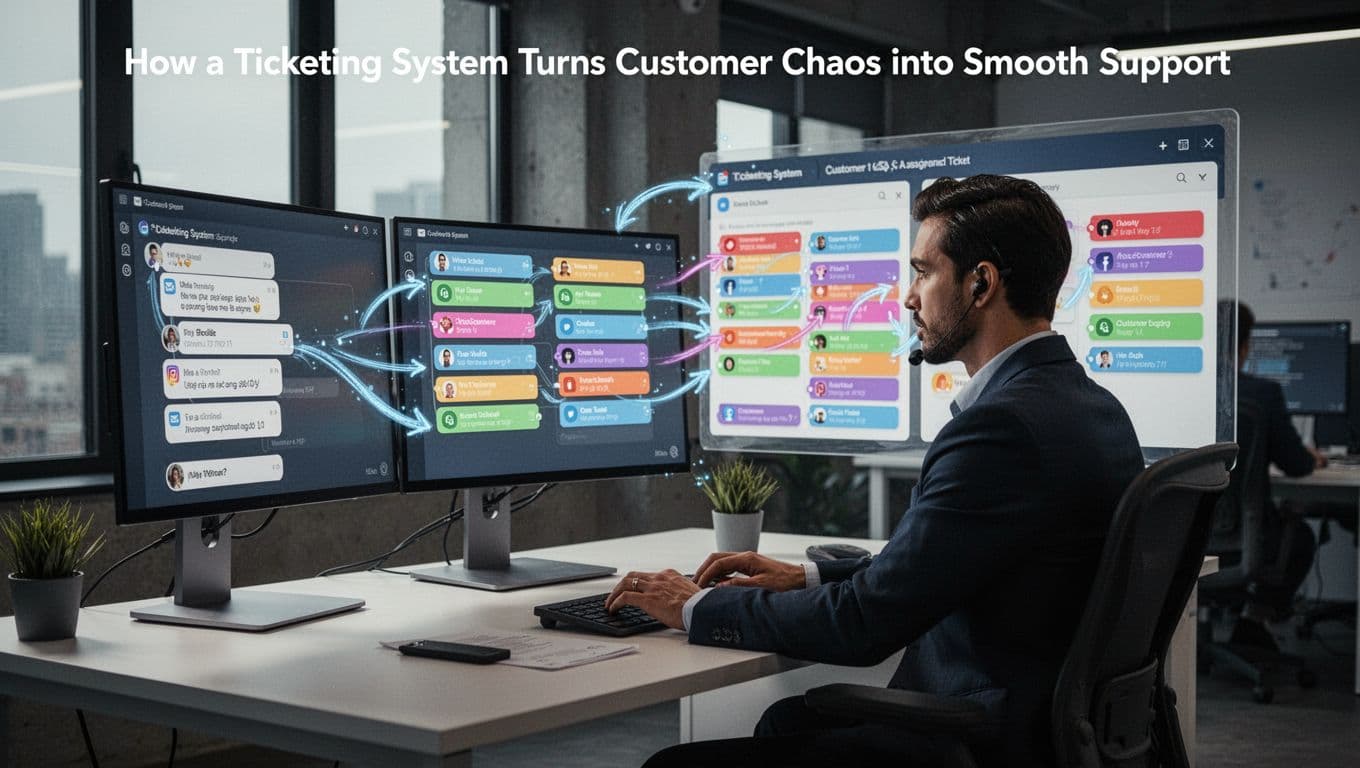 A modern customer support agent sits at a desk in a contemporary office, with screens displaying incoming customer messages from email, chat, and social media transforming into organized colorful tickets on a digital board, connected by workflow arrows showing assignment.