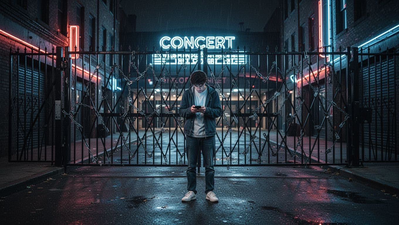 A disappointed young adult in casual clothes stands alone outside a locked concert venue gate at night on an empty urban street with dramatic shadows, neon lights, strong contrast, and moody blue tones.