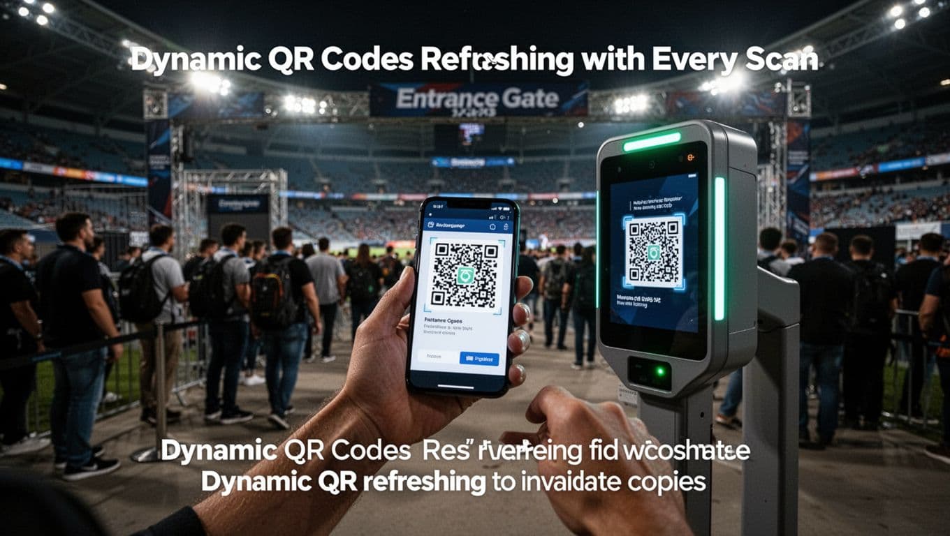 One attendee holds a smartphone showing a dynamic QR code refreshing during scan at a busy outdoor stadium entrance gate in cinematic evening light.