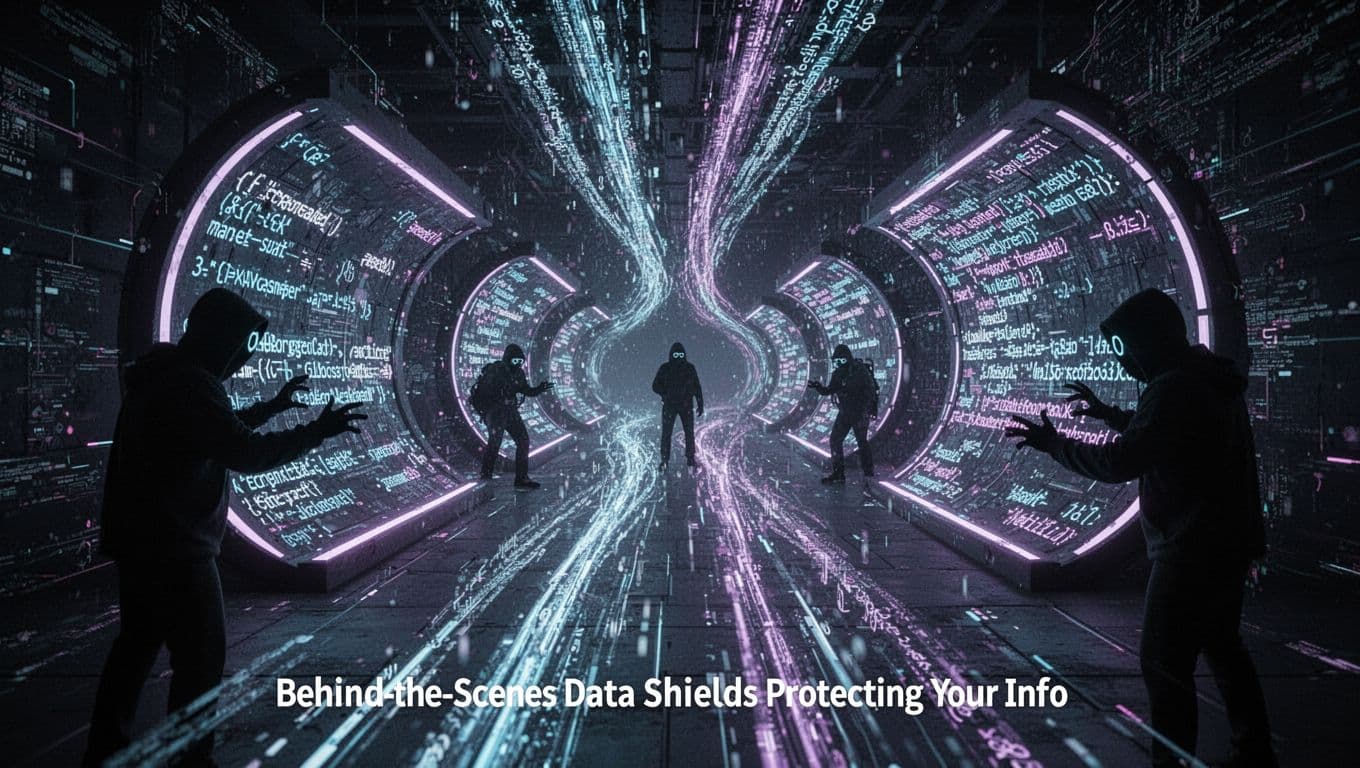 Encrypted data streams flow securely through glowing tunnels in a dark digital network, while distant hacker silhouettes see only scrambled gibberish code.