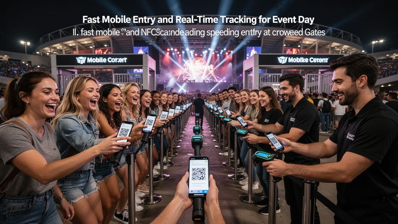 Excited fans hold smartphones to handheld scanners at busy stadium gates during a major concert, enabling smooth and rapid entry flow under vibrant night lighting.
