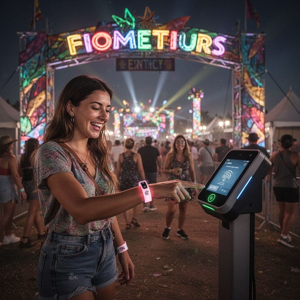 A single festival attendee taps an RFID wristband on a reader device at a colorful festival gate under vibrant lights, capturing a joyful atmosphere in cinematic style with strong contrast and dramatic lighting.