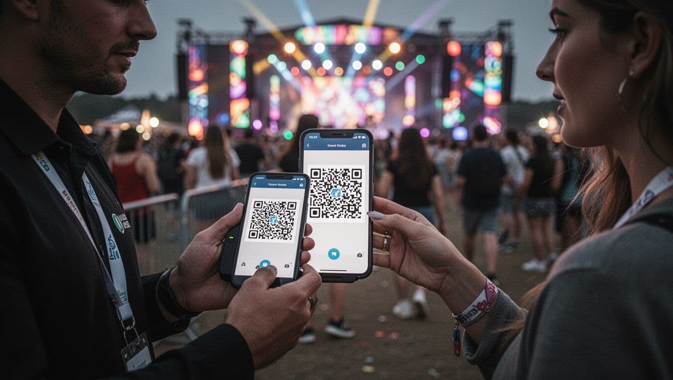 Event staff using a mobile app scans a QR code on an attendee's phone at a vibrant festival entry point, with tight composition and cinematic lighting.
