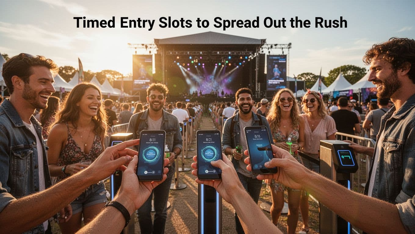 Happy festival-goers in small groups scan phones at gates during organized timed entry slots, forming spaced lines under golden hour sun with stage in distance.