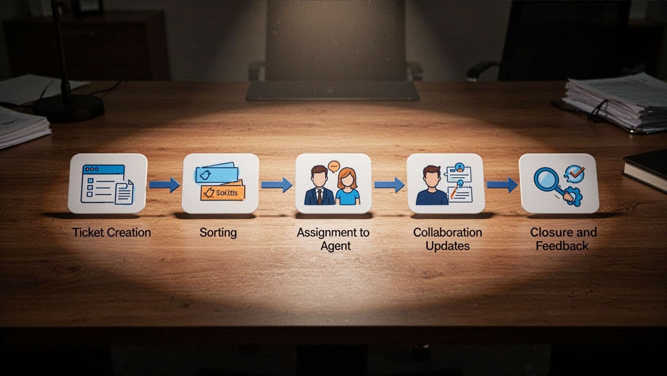 Simple flowchart diagram showing five connected ticketing steps: creation, sorting, assignment, collaboration, and closure.