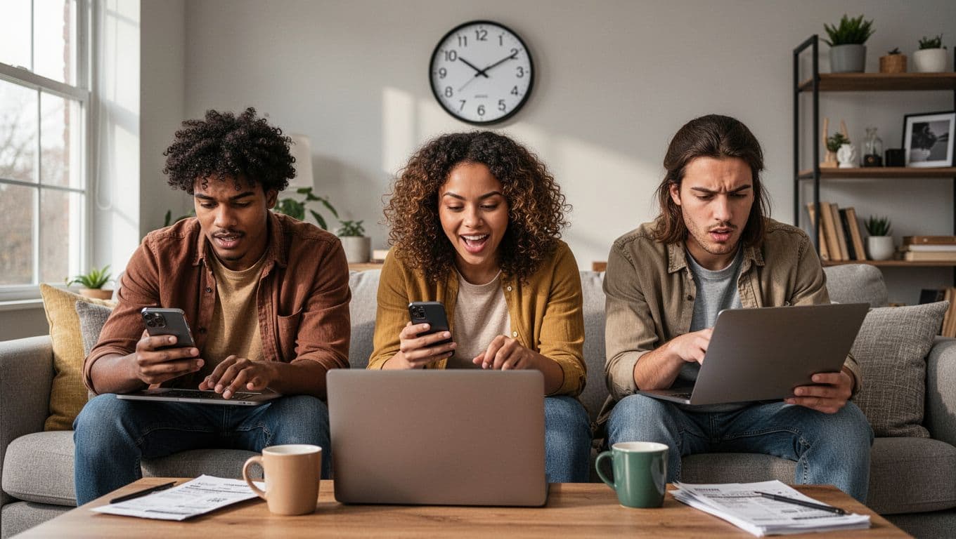 Three diverse young adults in a modern living room intently focused on laptops and smartphones, rushing to buy concert tickets at 10:00 AM amid expressions of concentration and excitement.