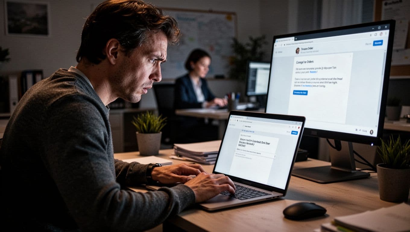 Frustrated customer at home desk with laptop email, support reply in background.