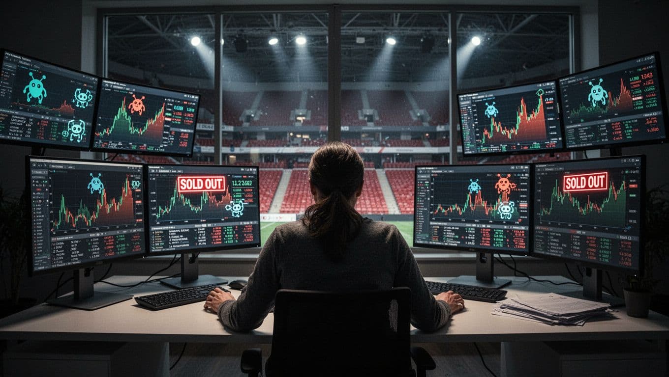 A frustrated event organizer sits at a desk in a dimly lit office, with computer screens displaying spiking ticket sales graphs marked by bot icons and sold-out alerts, and a window view of empty stadium seats.
