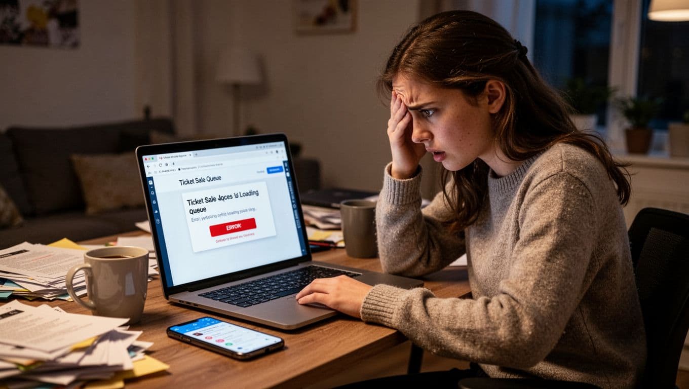 Frustrated young woman in her 20s at home desk with laptop showing slow-loading ticket sale queue and error message, phone open to app nearby on cluttered desk with coffee mug under evening lighting.