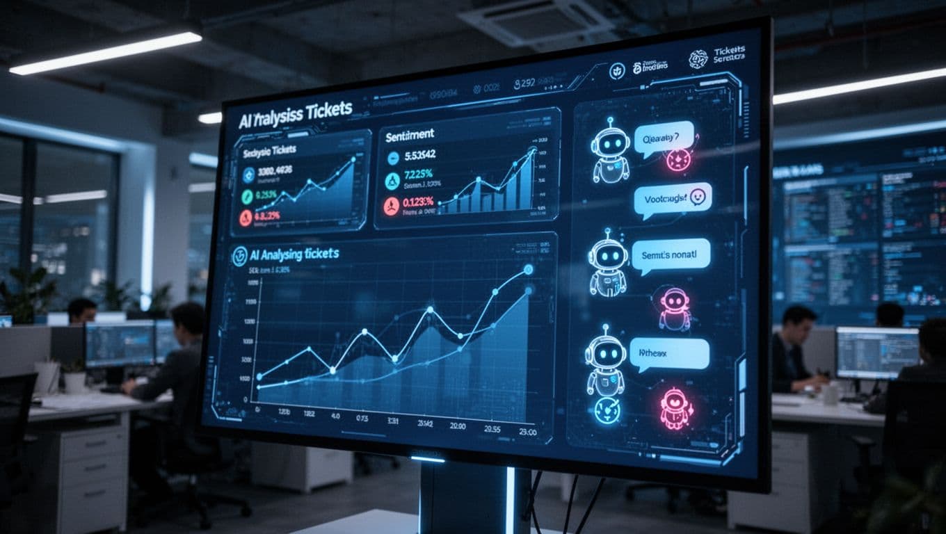 AI dashboard analyzing tickets with graphs and sentiment icons, dramatic lighting.