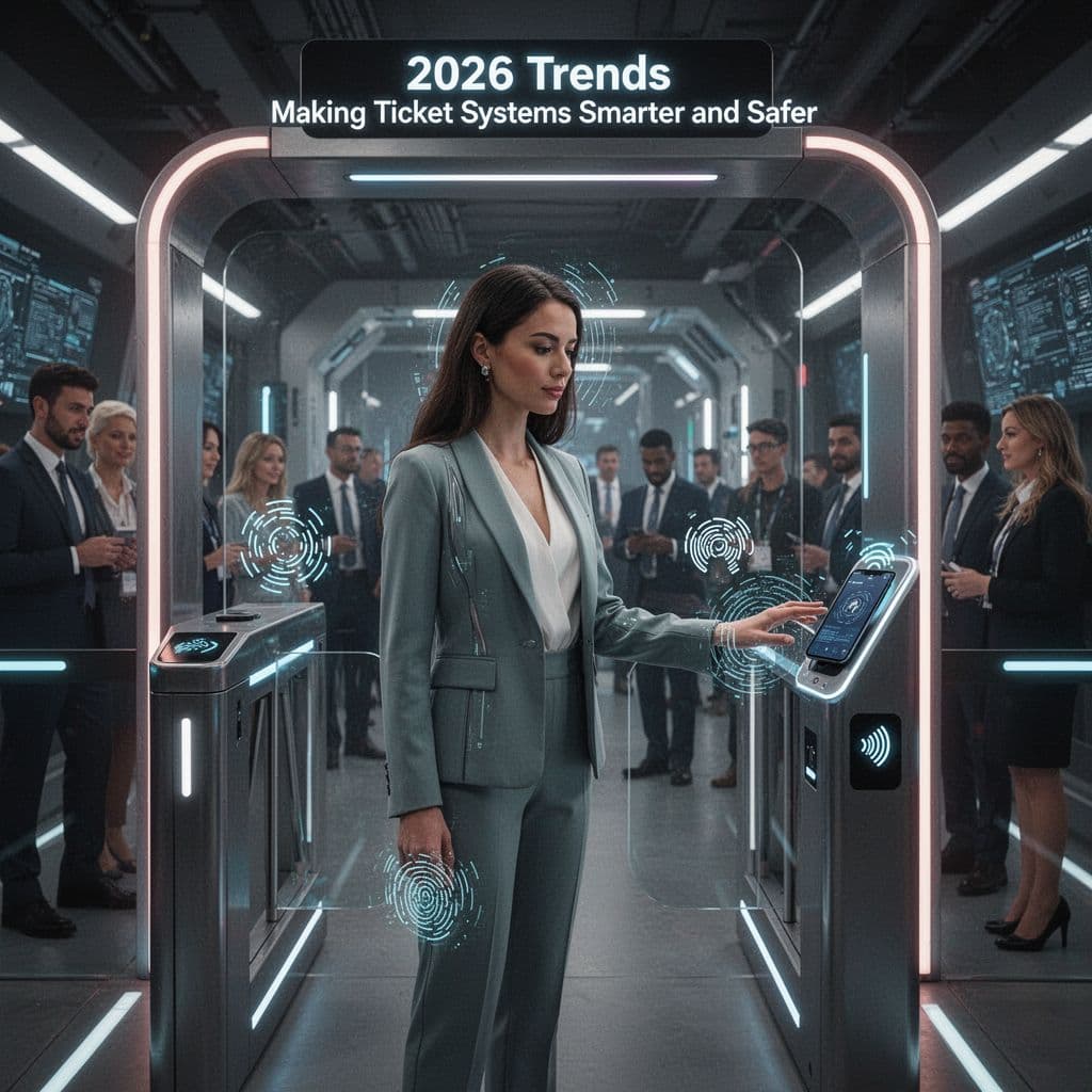 Diverse attendee in modern outfit taps NFC phone on reader at sleek gate with subtle biometric scan, high-tech cinematic style with dramatic lighting and depth.