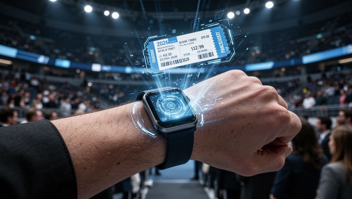 Futuristic holographic ticket projection from a smartwatch on a wrist in a modern arena with blurred crowd background, high-tech blue glow, cinematic style with strong contrast, depth, and dramatic lighting.