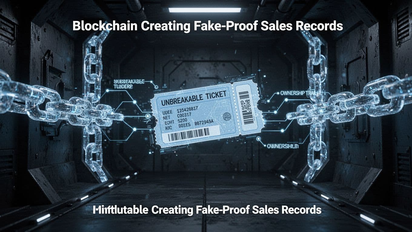 Glowing blockchain ledger chains form an unbreakable ticket record in a futuristic dark vault, with a central holographic ticket linked by ownership trails. Cinematic style with strong contrast, dramatic lighting, and dark blue tones.