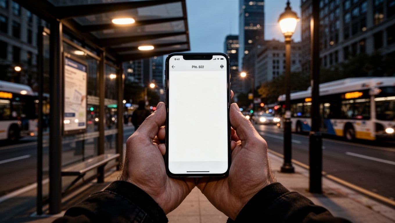 A cinematic close-up of a smartphone in a rider's hand, ready for a digital ticket at a modern bus stop.