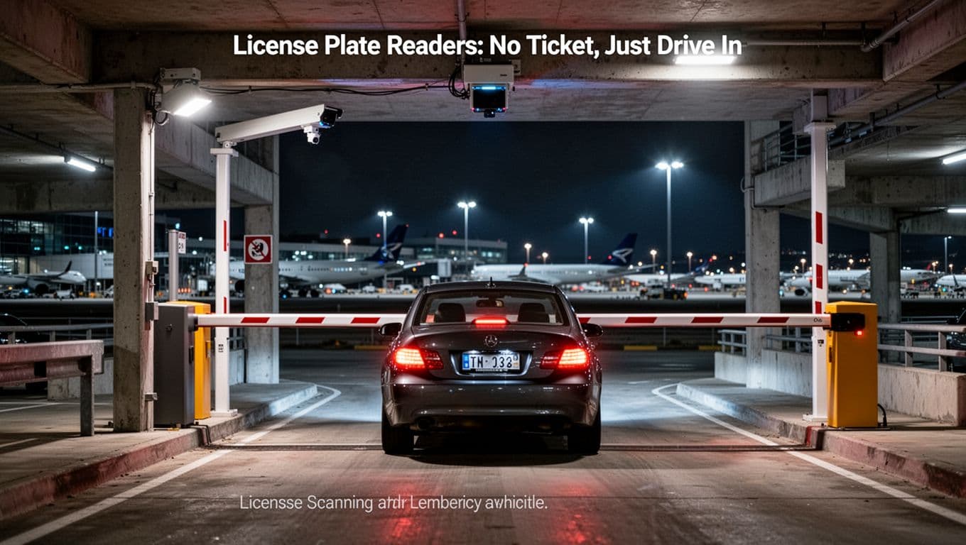 Cinematic night scene at an urban airport parking garage entrance featuring a license plate recognition camera above the barrier arm scanning the visible plate of an approaching car. Dramatic lighting, strong contrast, and depth with exactly one car, no people, text, or logos in landscape composition.