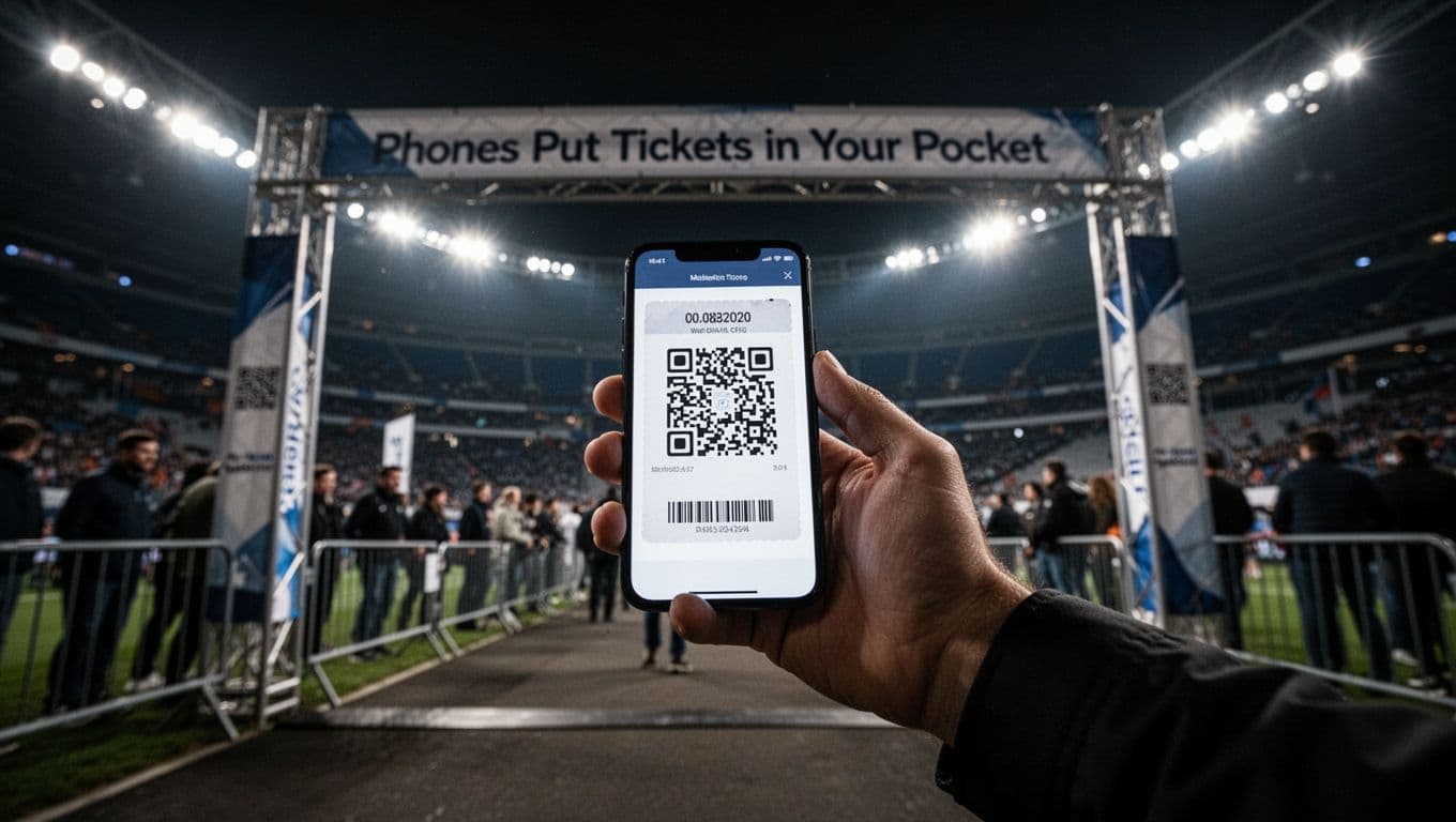 Person holding smartphone with scannable QR code ticket at event entrance under stadium lights at night, dynamic low angle shot, phone screen glow, cinematic style with strong contrast, depth, and dramatic lighting.