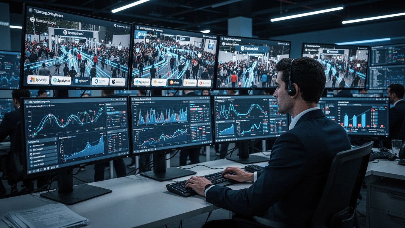 Modern event control dashboard screens display crowd flow metrics from multiple ticketing platforms, with exactly one operator monitoring queues and entry data in a busy operations room using both hands on the keyboard.