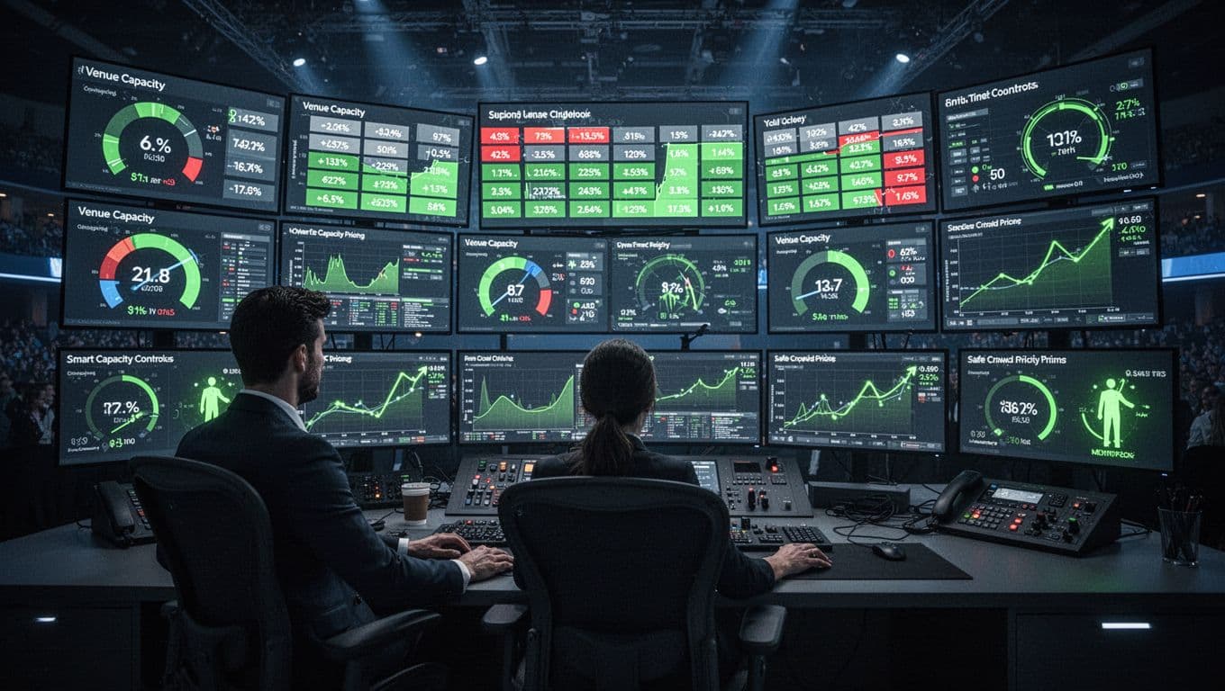 Control room in a modern event venue with screens showing real-time capacity meters filling section by section, dynamic pricing graphs rising with demand, and green crowd flow indicators. One operator seated at console viewing screens in cinematic style with cool blue tones.