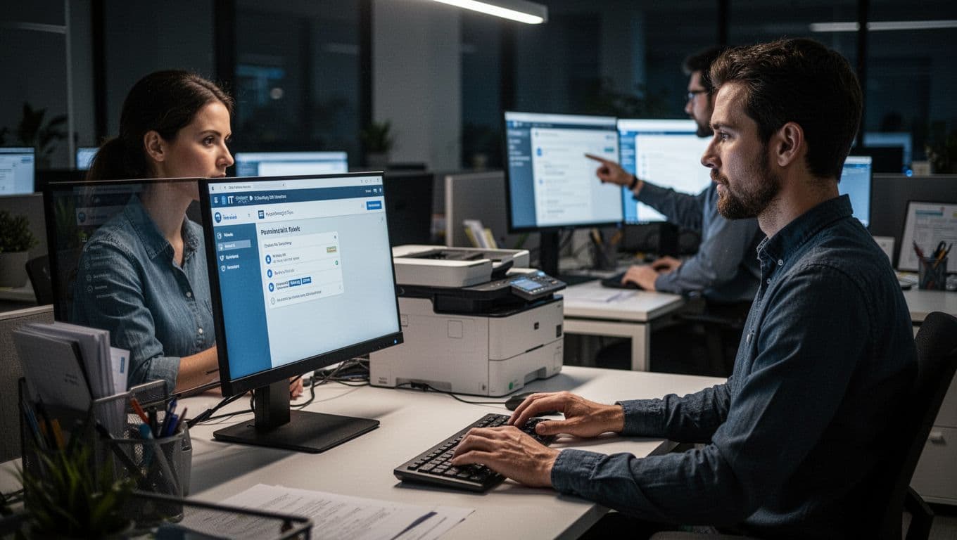 Office worker submits printer IT ticket, IT tech checking blurred monitor.