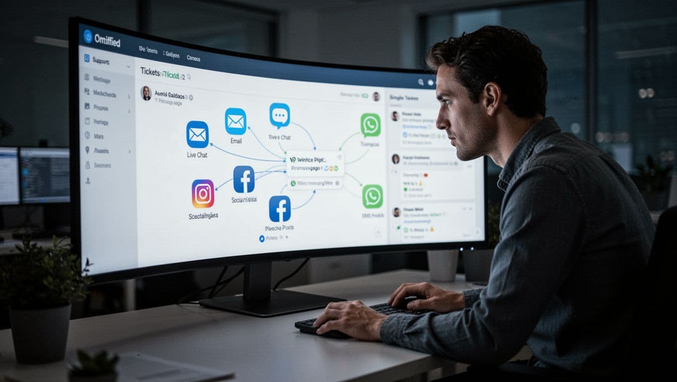 A unified customer support dashboard displayed on a large curved monitor in a dimly lit office, featuring icons for email, live chat, social media posts, and SMS messages integrated into a single ticket view. One support agent leans in to review the screen with cinematic lighting and strong contrast.
