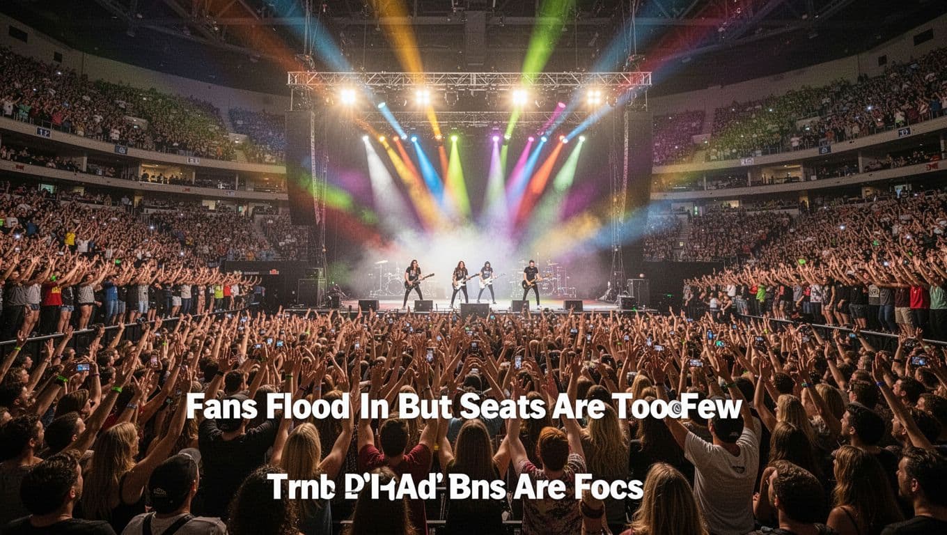 Thousands of ecstatic fans pack a US arena at a high-energy rock concert, standing with arms raised and cheering wildly under vibrant multicolored lights sweeping the massive crowd.
