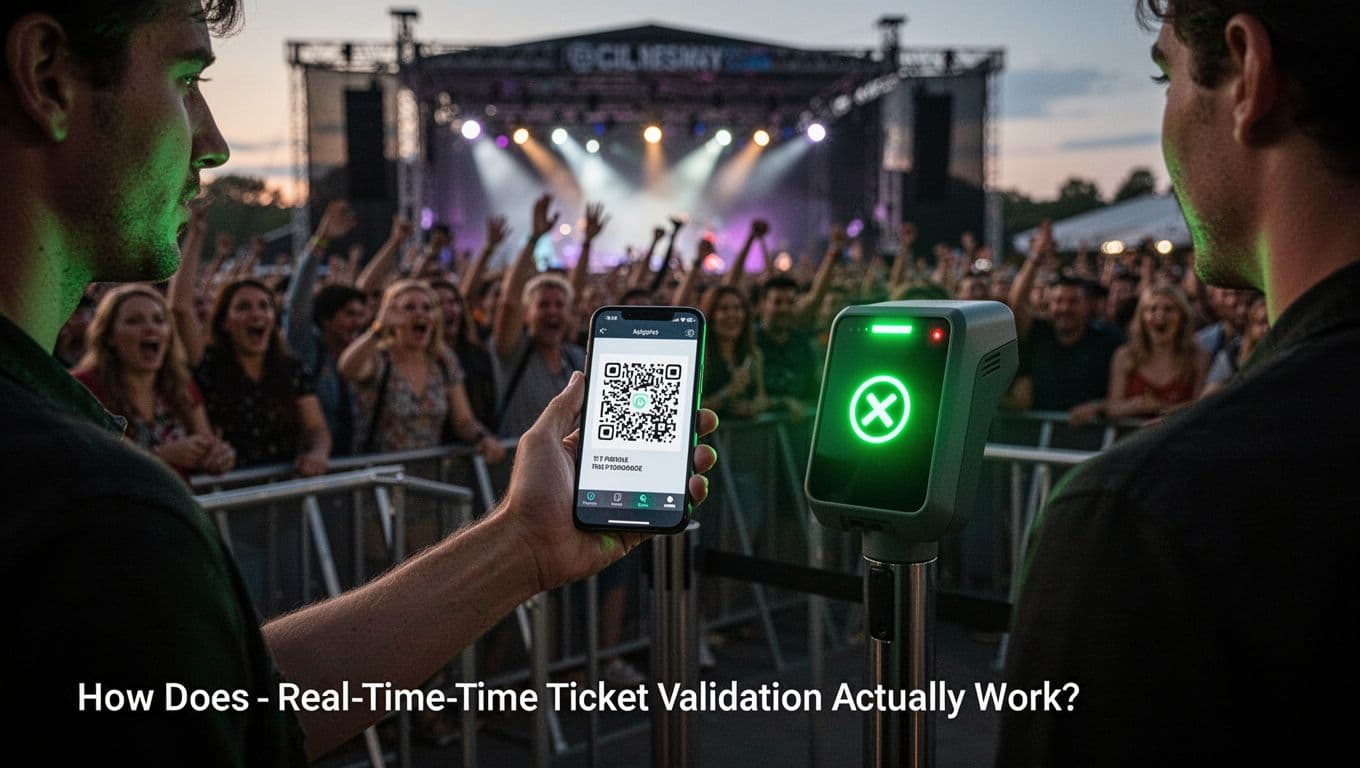 A single person holds a smartphone displaying a QR code towards a ticket scanner at a busy concert entrance gate under evening lights, with a green approval light glowing and an excited crowd blurred in the background. Cinematic style featuring strong contrast, depth, and dramatic lighting.