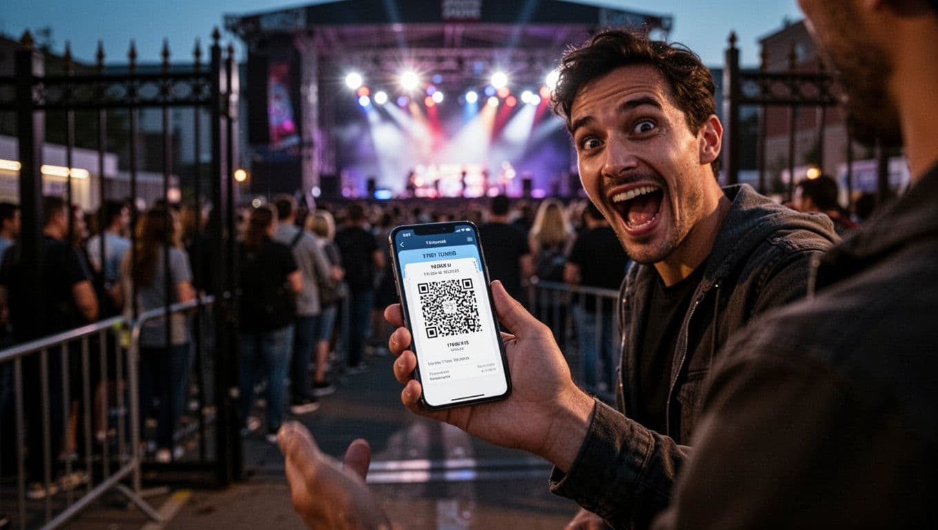 Person scanning a QR code on a phone at a concert entrance.