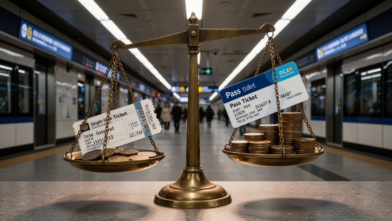Balance scale in a modern transit station lobby with single-use ticket and few coins on one side, pass ticket and many coins on the other tipping towards the pass, cinematic style with dramatic lighting and no people or text.