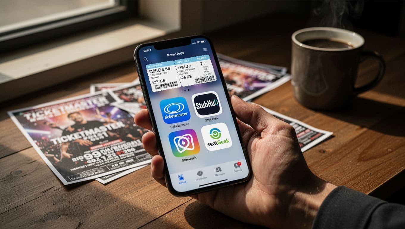 Smartphone held in one hand showing Ticketmaster, StubHub, and SeatGeek app icons on home screen, on wooden desk with blurred event flyers and coffee mug background. Cinematic style with dramatic side lighting, strong contrast, and warm tones.