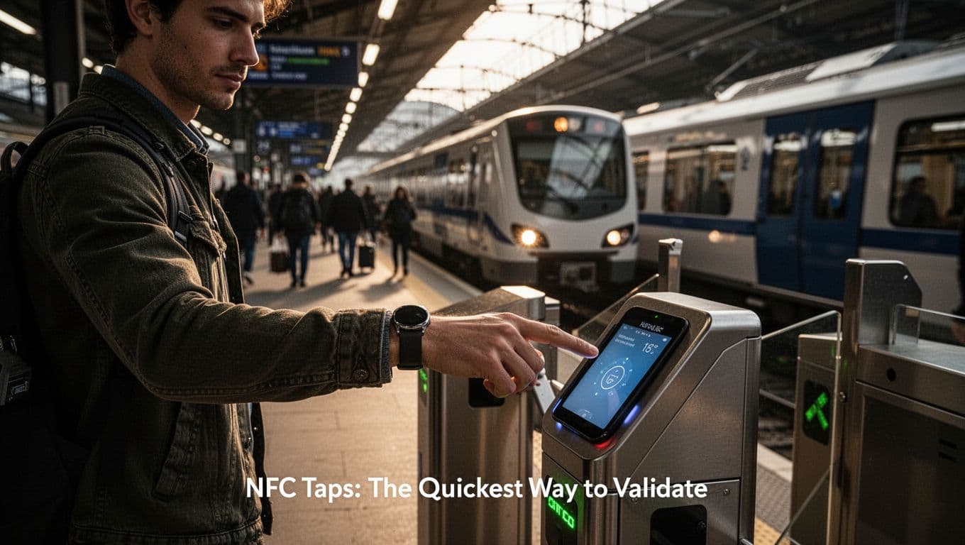 A person tapping a smartwatch on a train gate reader, with the platform and arriving train in the background.
