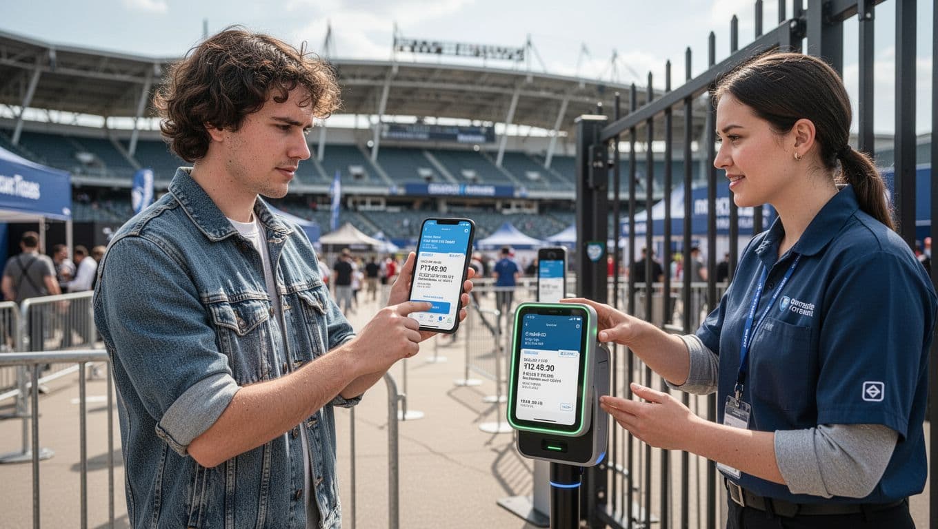 Person in casual clothes holds phone with digital wallet ticket app open to scanner at event gate, assisted by staff member nearby; stadium exterior background, clear weather, realistic style, exactly two people, simple composition.