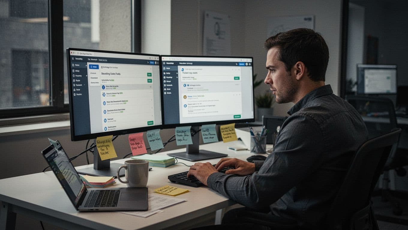 A focused support team member at a modern office desk reviews a digital ticket on dual monitors, surrounded by notes and a coffee mug, in cinematic style with strong contrast, depth, and dramatic window lighting in neutral tones.
