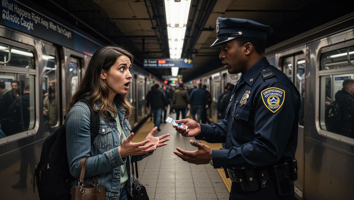 A surprised young adult passenger on a busy urban subway platform is confronted by a uniformed transit enforcement agent demanding a ticket, in a tense interaction with hand gestures and dramatic overhead lighting.
