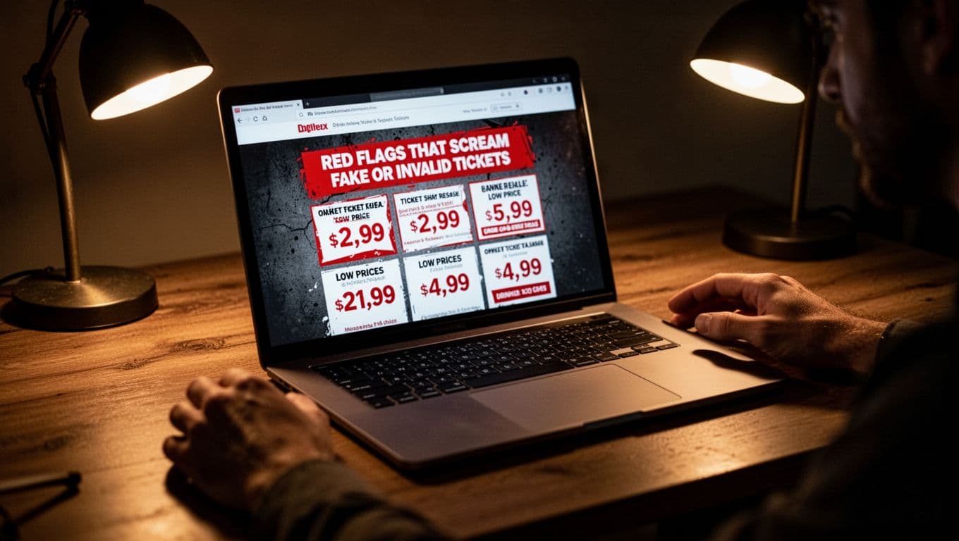 Laptop on a wooden desk in a dimly lit room displaying a shady online ticket resale page with low prices and urgent red banners; screen blurred, hands nearby, cinematic lighting.