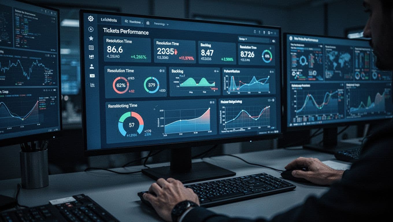 Dashboard view on a computer screen in a dimly lit control room, displaying ticket metrics like resolution time and backlog with charts and graphs. Hands rest nearby on a keyboard under dramatic blue lighting in a cinematic style.