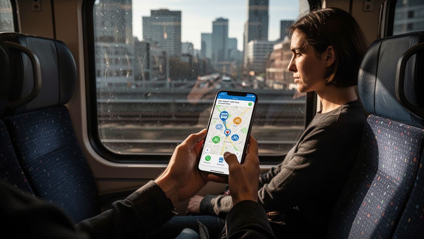 A cinematic view of a rider using a phone app that includes options like bus, train, and bike.