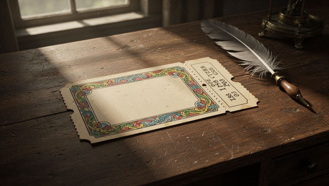 Vintage 1800s paper theater ticket featuring a colorful border and stub, laid flat on a wooden desk with quill pen nearby, under soft window light with cinematic contrast and dramatic shadows.