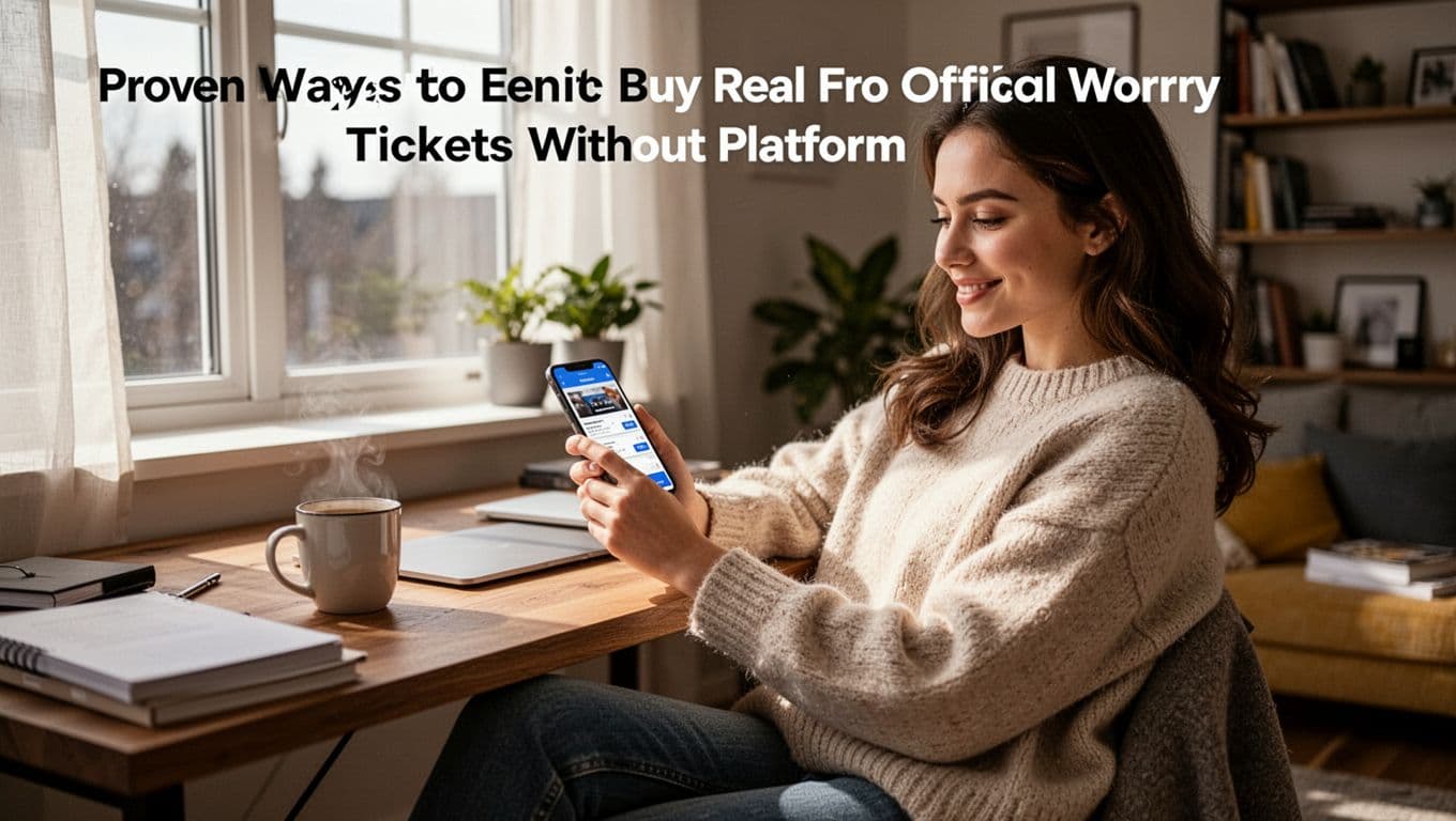Confident young woman relaxed at home office desk using smartphone to purchase event tickets from official app, coffee mug nearby, natural window light, cinematic style modern cozy interior.